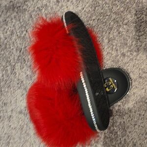 Real Fox Fur Slides In-stock Fast Shipping with Swarovski Crystals